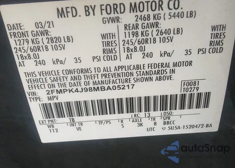 2021 Ford Edge Sel из США, поврежденный, VIN 2FMPK4J98MBA05217